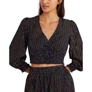 Boden Lurex Preppy Fall Spring Casual Chic Smocked Long Sleeve Crop Top‎ Navy 6